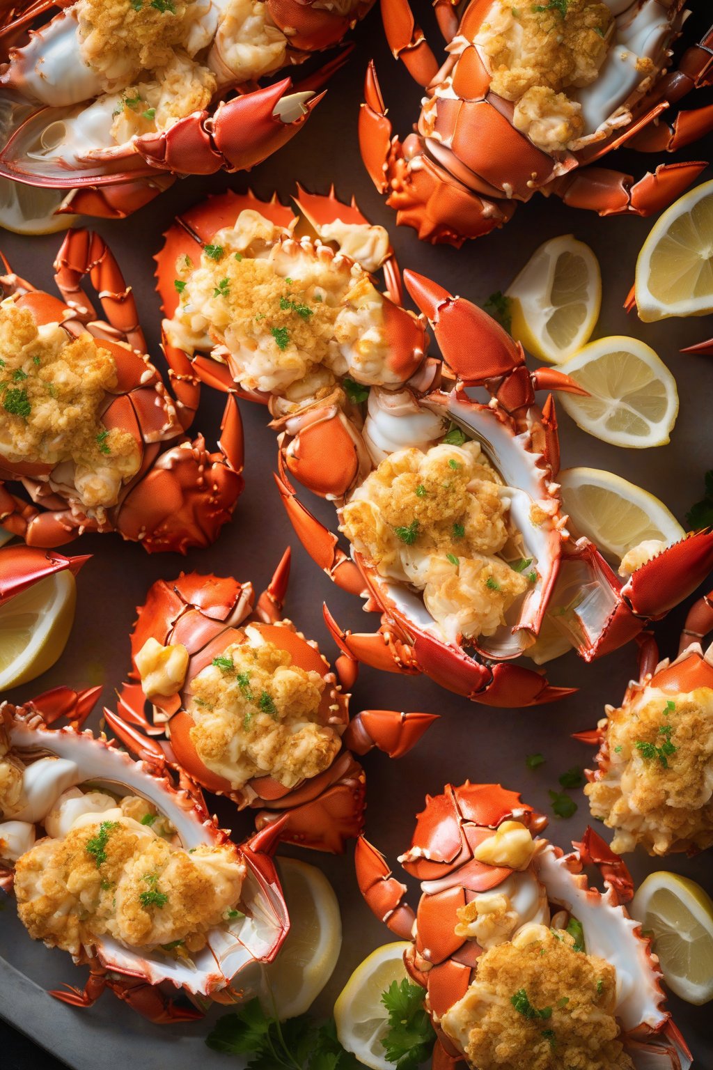 A high-resolution photo of golden crab-stuffed lobster tails under soft lighting.