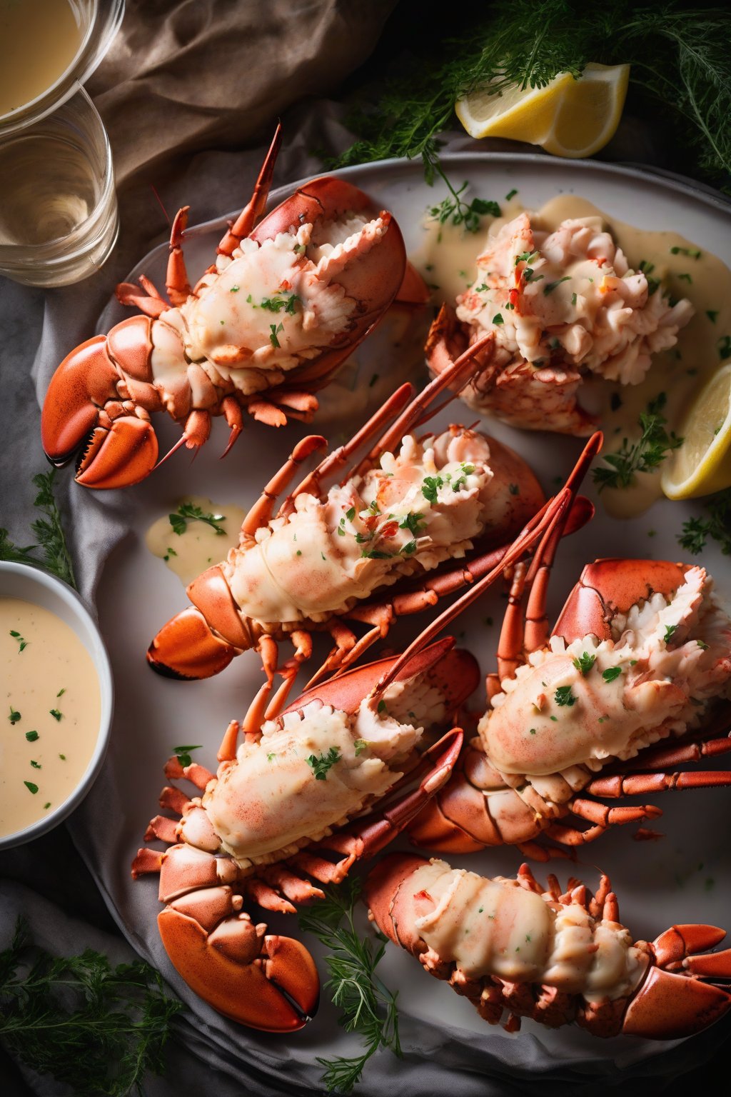 A high-resolution photo of lobster tails in glossy cognac cream sauce under soft lighting.