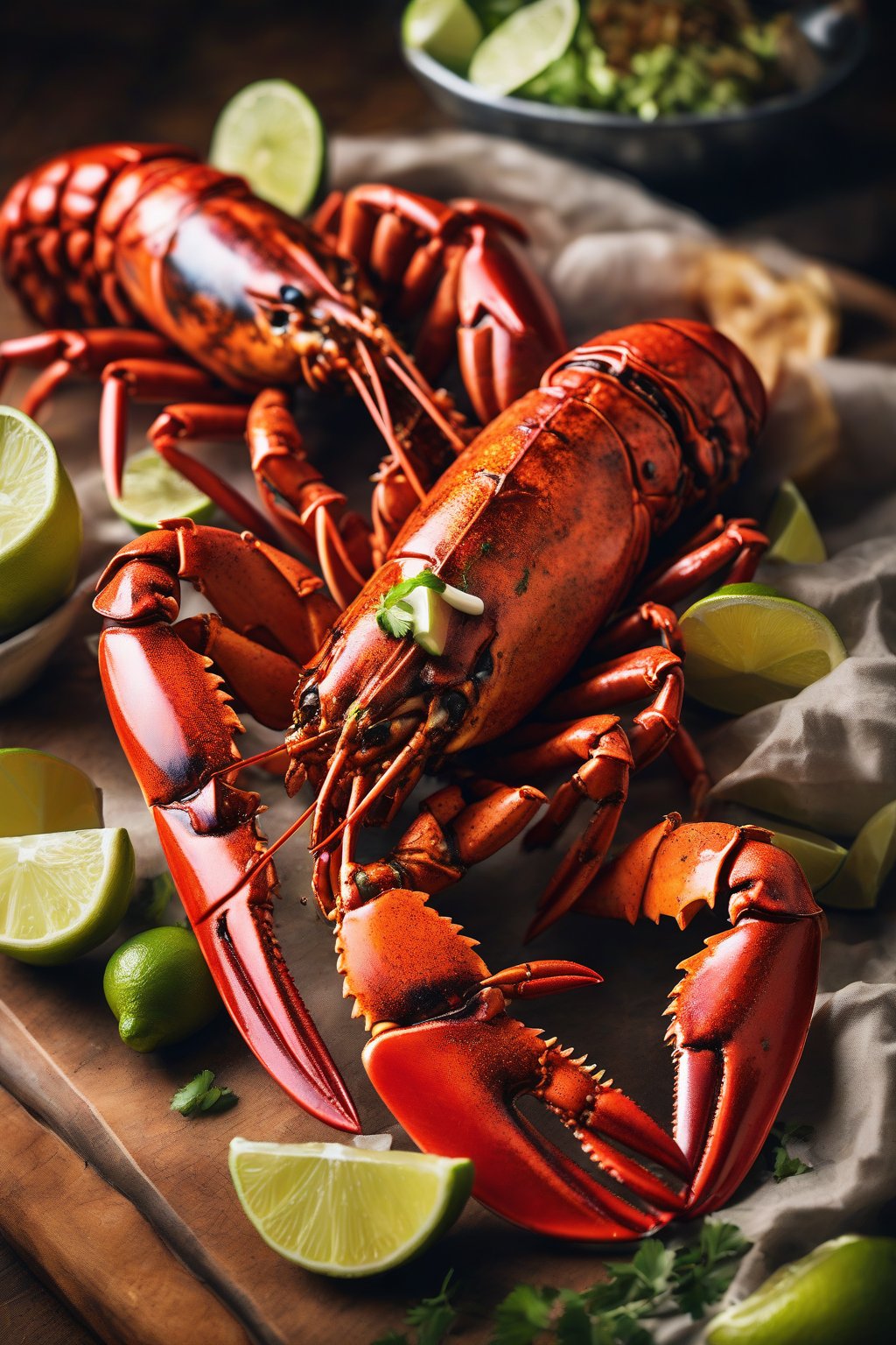 A high-resolution photo of chili-lime grilled lobster with lime wedges under soft lighting.