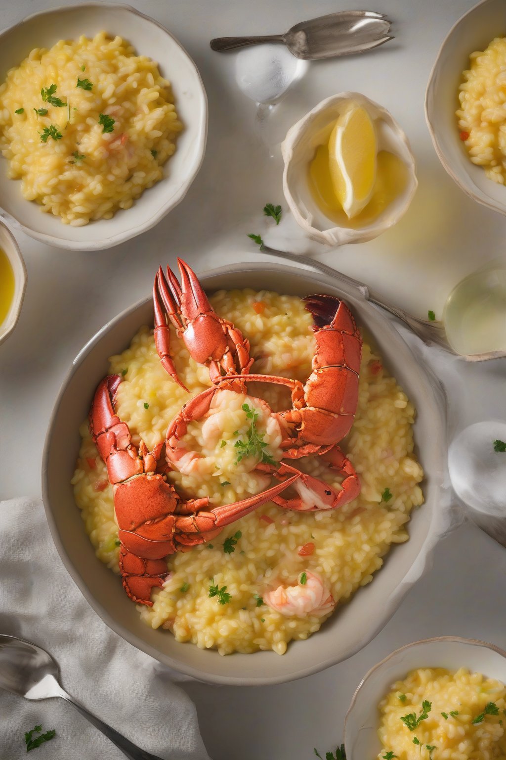 A high-resolution photo of steaming saffron lobster risotto in a bowl under soft lighting.