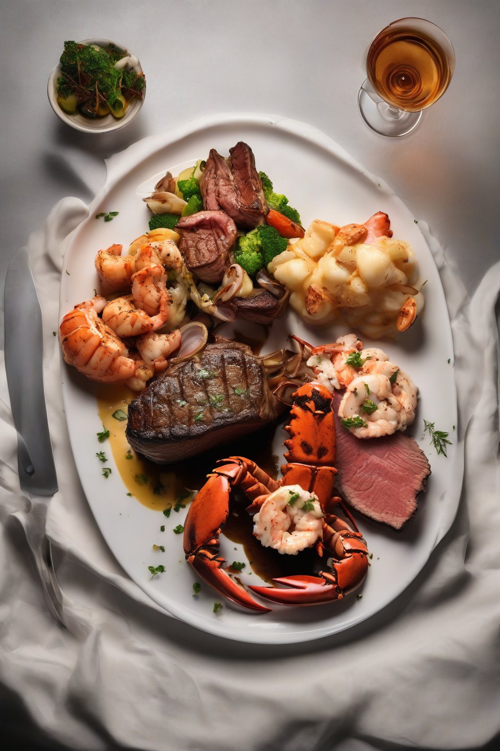 A high-resolution photo of surf and turf with lobster tail and steak under soft lighting.