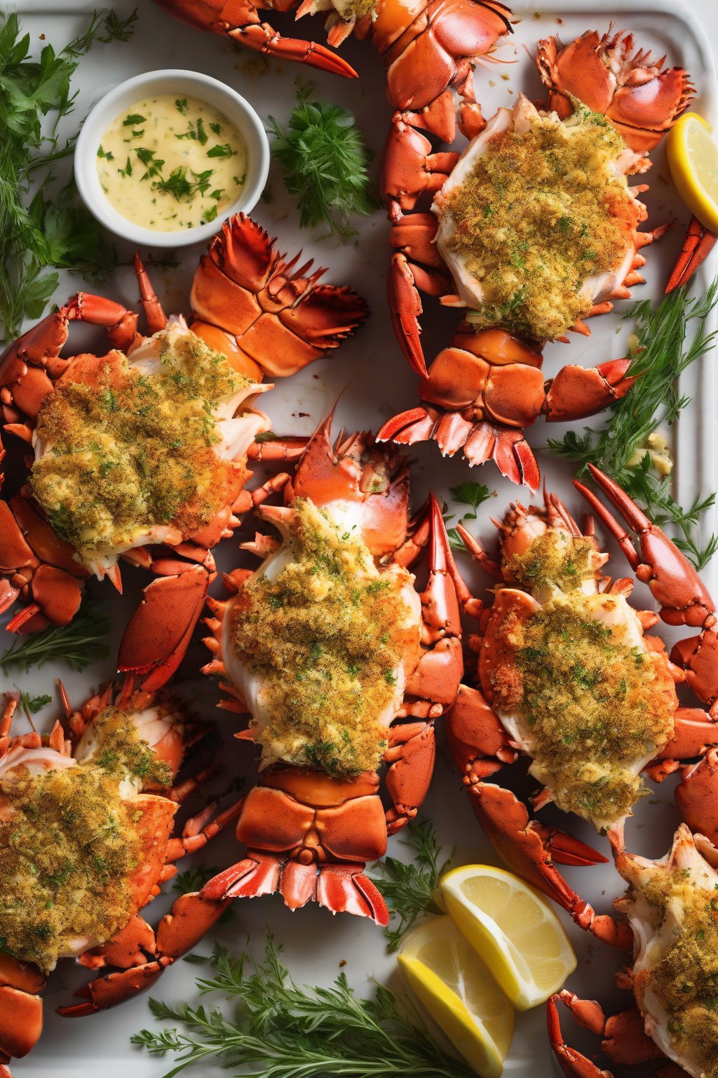A high-resolution photo of herb-crusted baked lobster tails under soft lighting.
