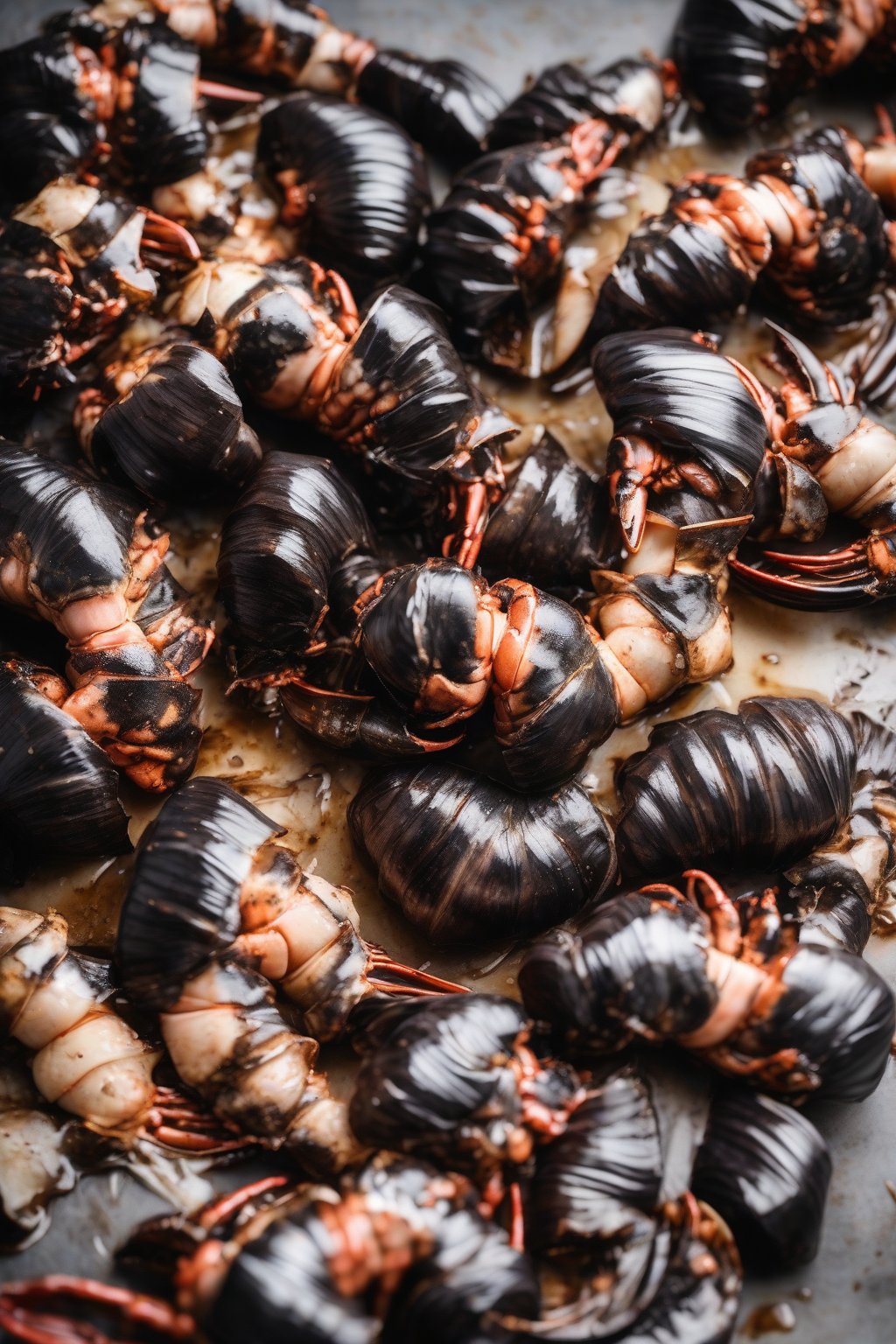 A high-resolution photo of glossy black garlic lobster tails under soft lighting.