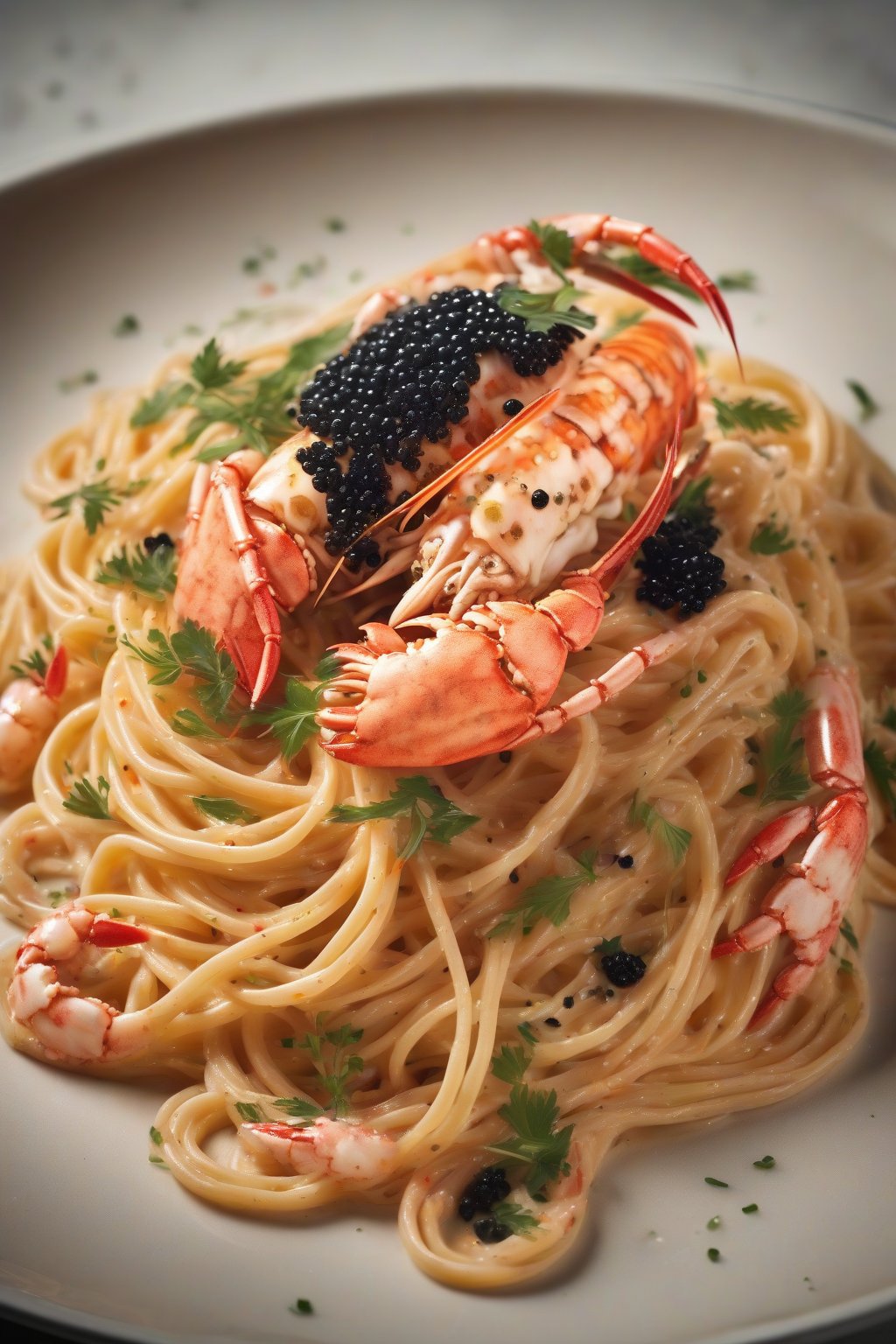 A high-resolution photo of champagne lobster linguine garnished with caviar under soft lighting.