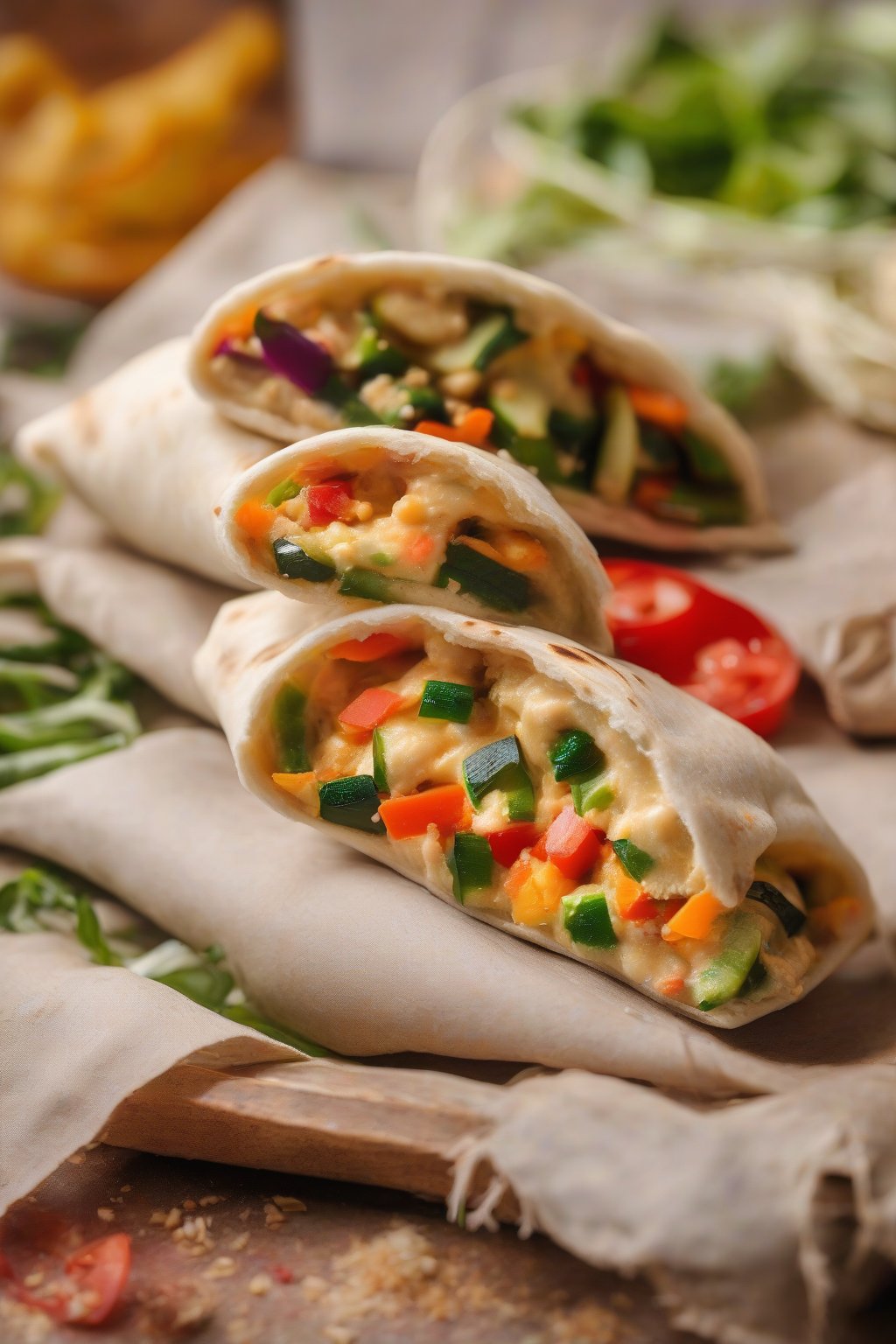 A high-resolution photo of a freshly stuffed hummus and veggie pita pocket, vibrant colors popping under soft lighting.