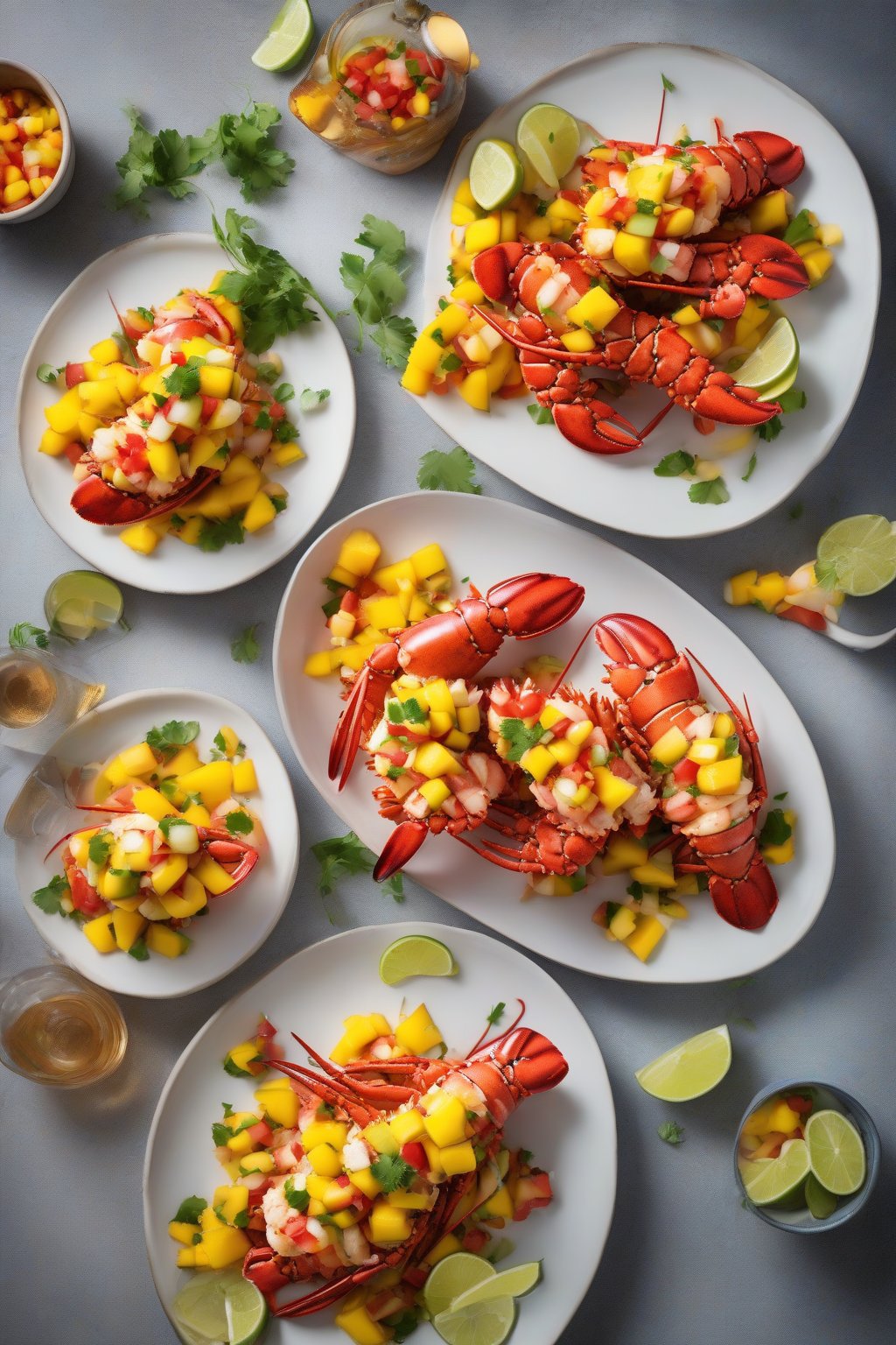 A high-resolution photo of lobster tails topped with vibrant mango salsa, colorful and fresh, under soft lighting.