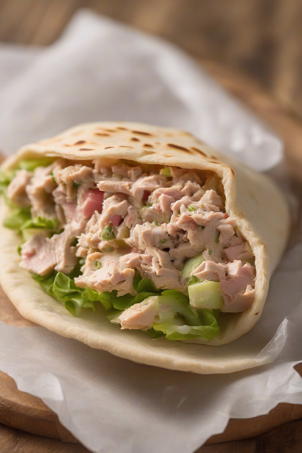 A high-resolution photo of a tuna salad stuffed pita pocket, flaky tuna visible, under soft lighting.