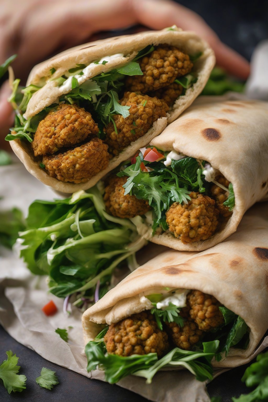 A high-resolution photo of crispy chickpea falafel in a warm pita pocket with greens, under soft lighting.