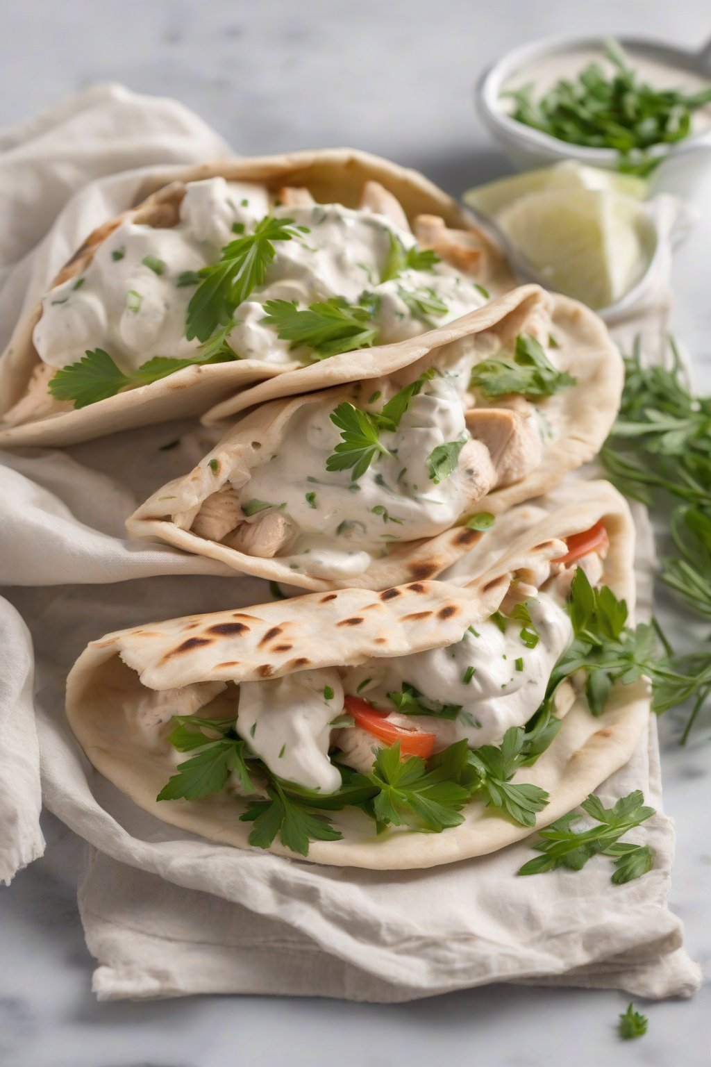 A high-resolution photo of creamy Greek yogurt chicken pita, fresh herbs garnishing, under soft lighting.