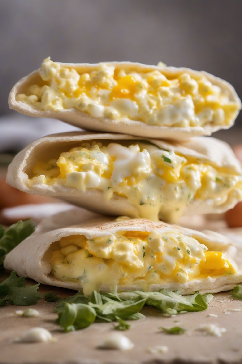 A high-resolution photo of egg salad overflowing from a pita pocket, golden yolks shining, under soft lighting.