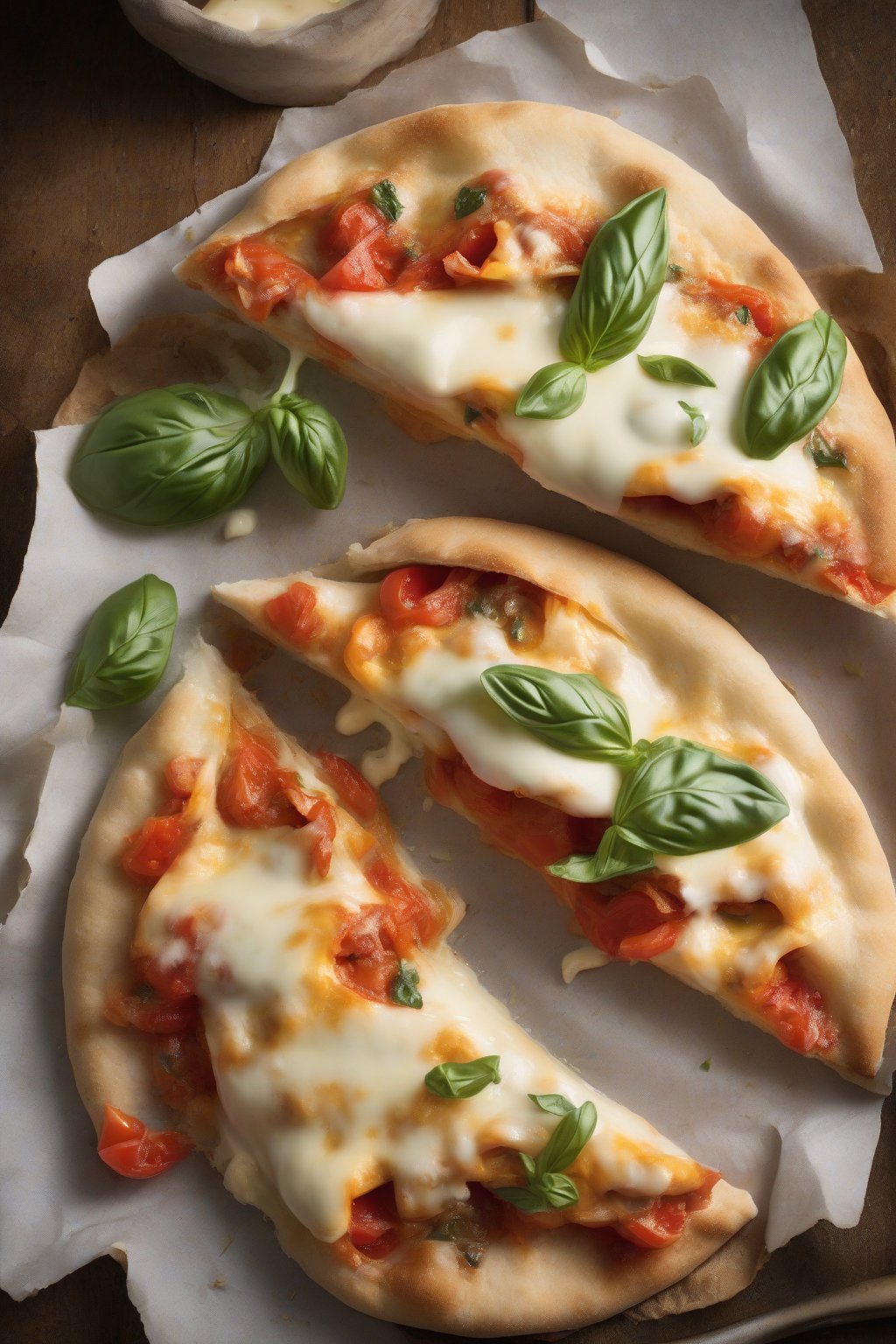 A high-resolution photo of melted cheesy tomato basil pita, gooey cheese pulling apart, under soft lighting.
