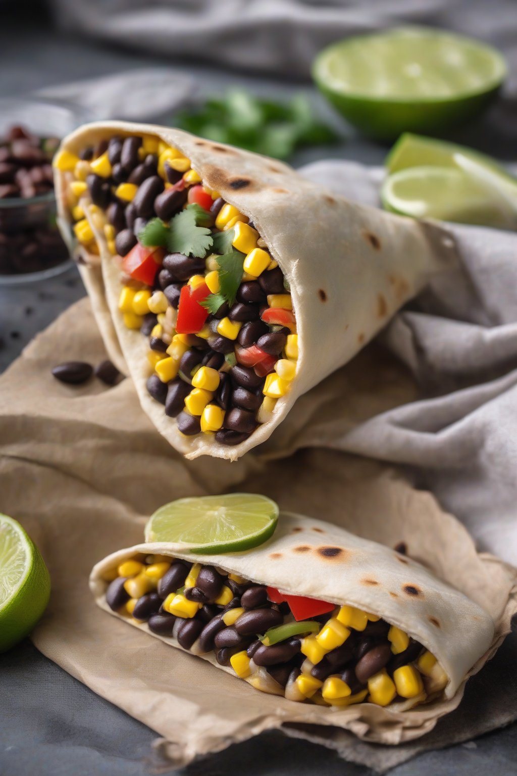 A high-resolution photo of colorful black bean and corn pita pocket, lime wedge beside, under soft lighting.