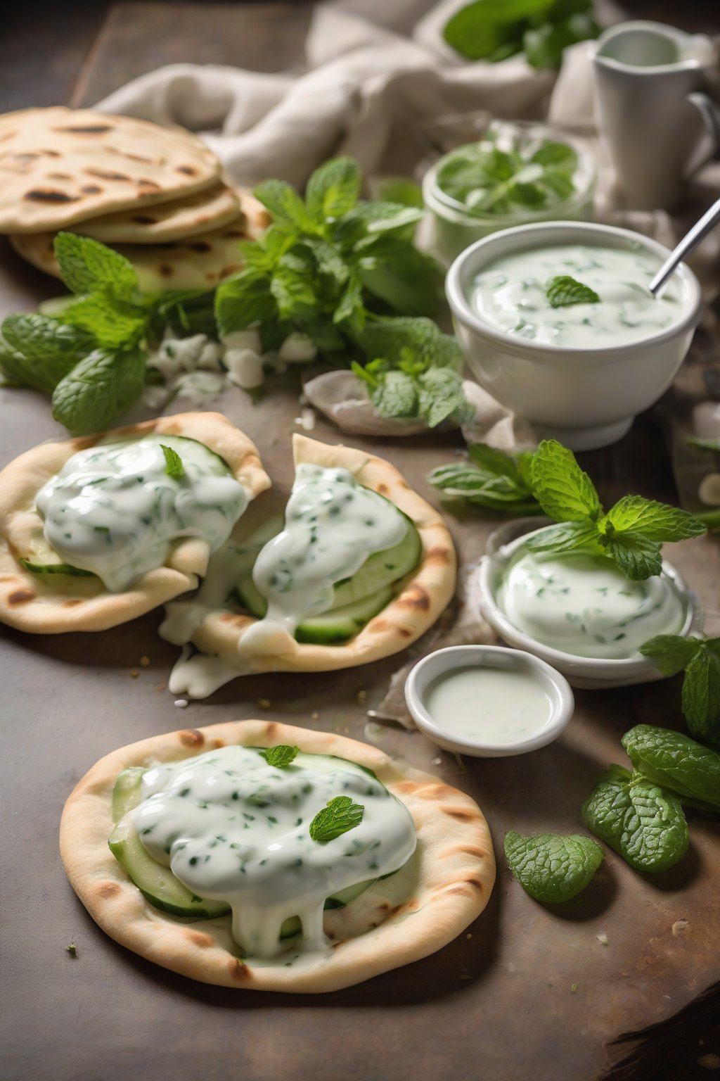 A high-resolution photo of cool cucumber mint yogurt pita, drizzled sauce, under soft lighting.