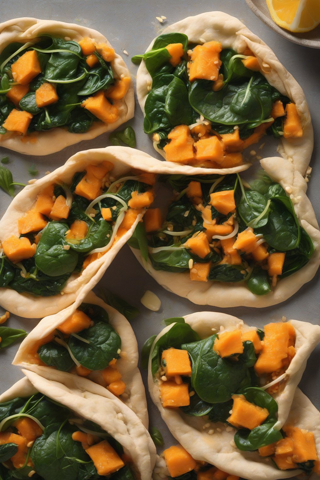 A high-resolution photo of orange sweet potato and green spinach pita filling, warmly lit.