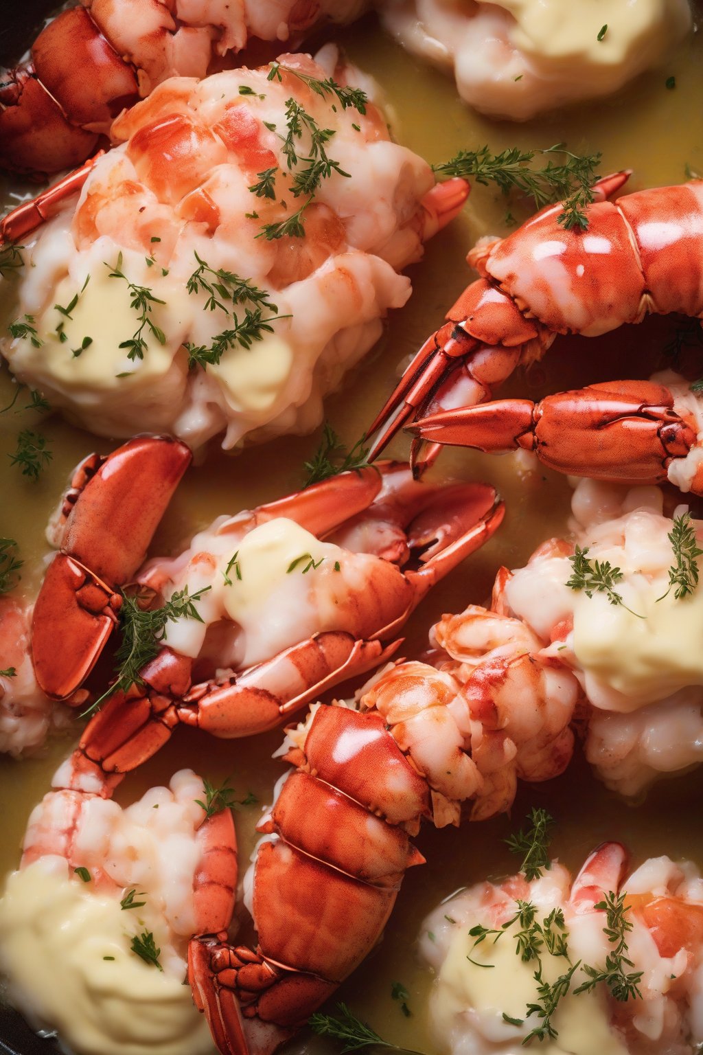 A high-resolution photo of butter-poached lobster tails, glossy and aromatic with thyme, under soft lighting.
