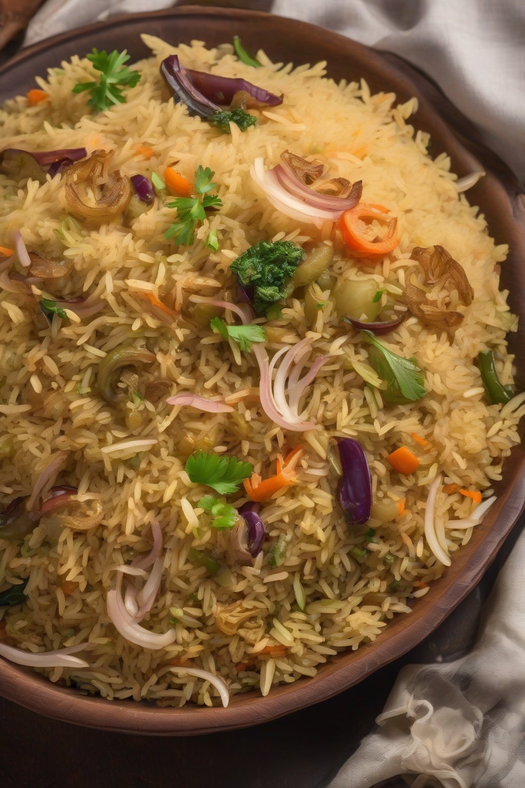 A high-resolution photo of steaming classic mixed veg pulao garnished with fried onions under soft lighting.