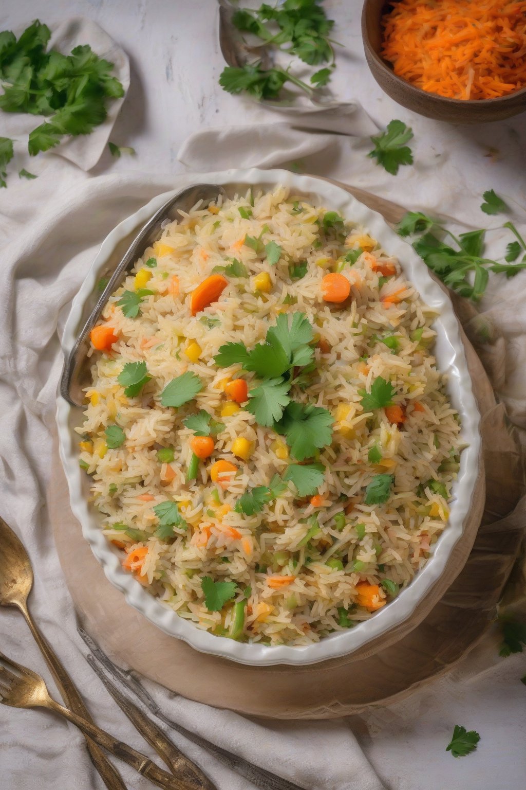 A high-resolution photo of creamy coconut milk mixed veg pulao topped with cilantro under soft lighting.