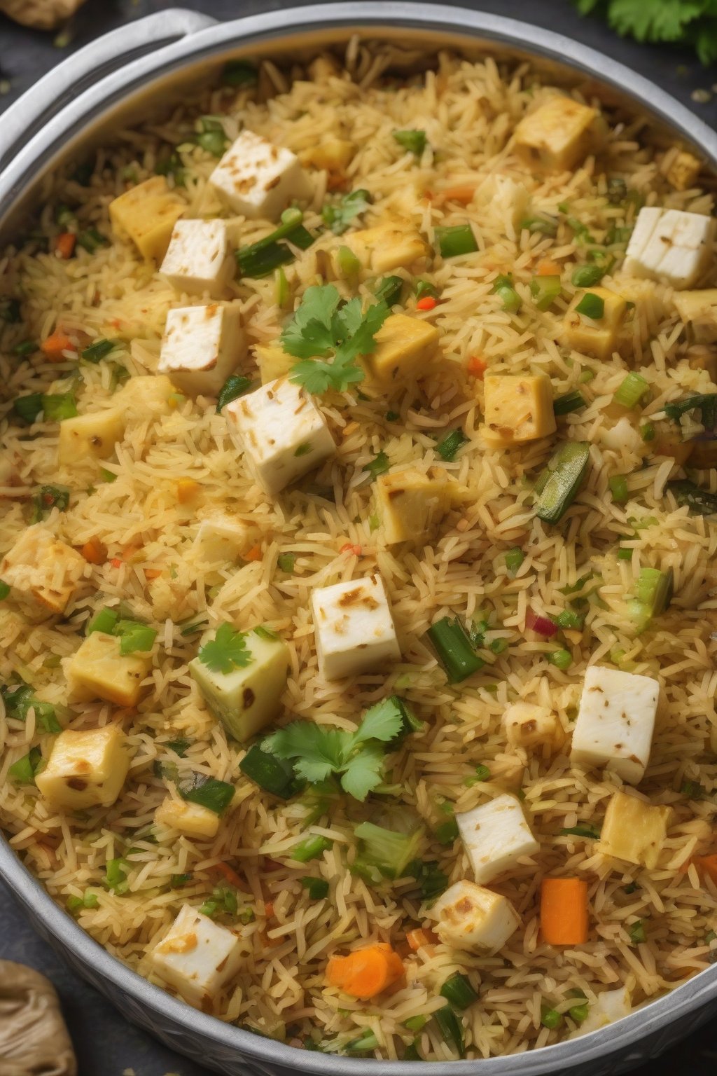 A high-resolution photo of paneer mixed veg pulao with golden paneer chunks under soft lighting.