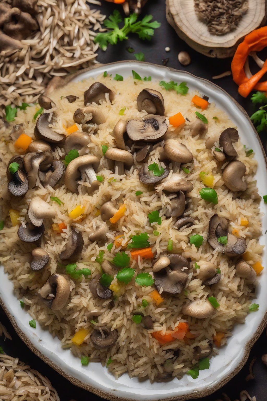 A high-resolution photo of mushroom mixed veg pulao with sliced mushrooms peeking through rice under soft lighting.