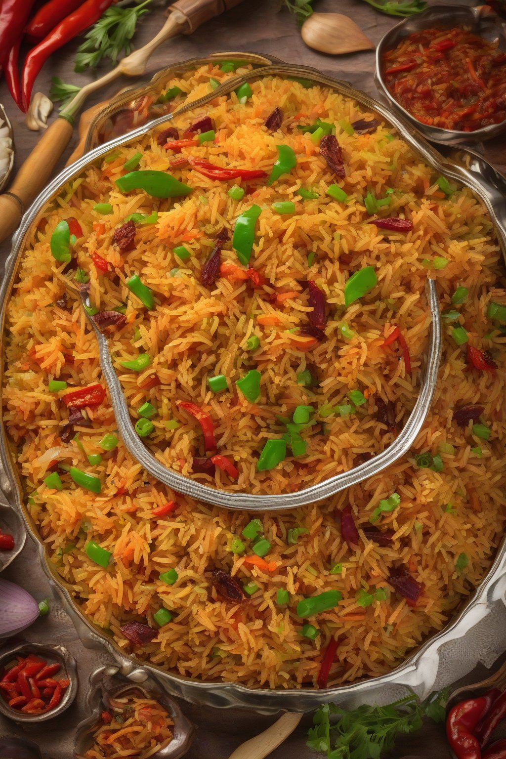 A high-resolution photo of vibrant spicy Schezwan mixed veg pulao with red chili flecks under soft lighting.