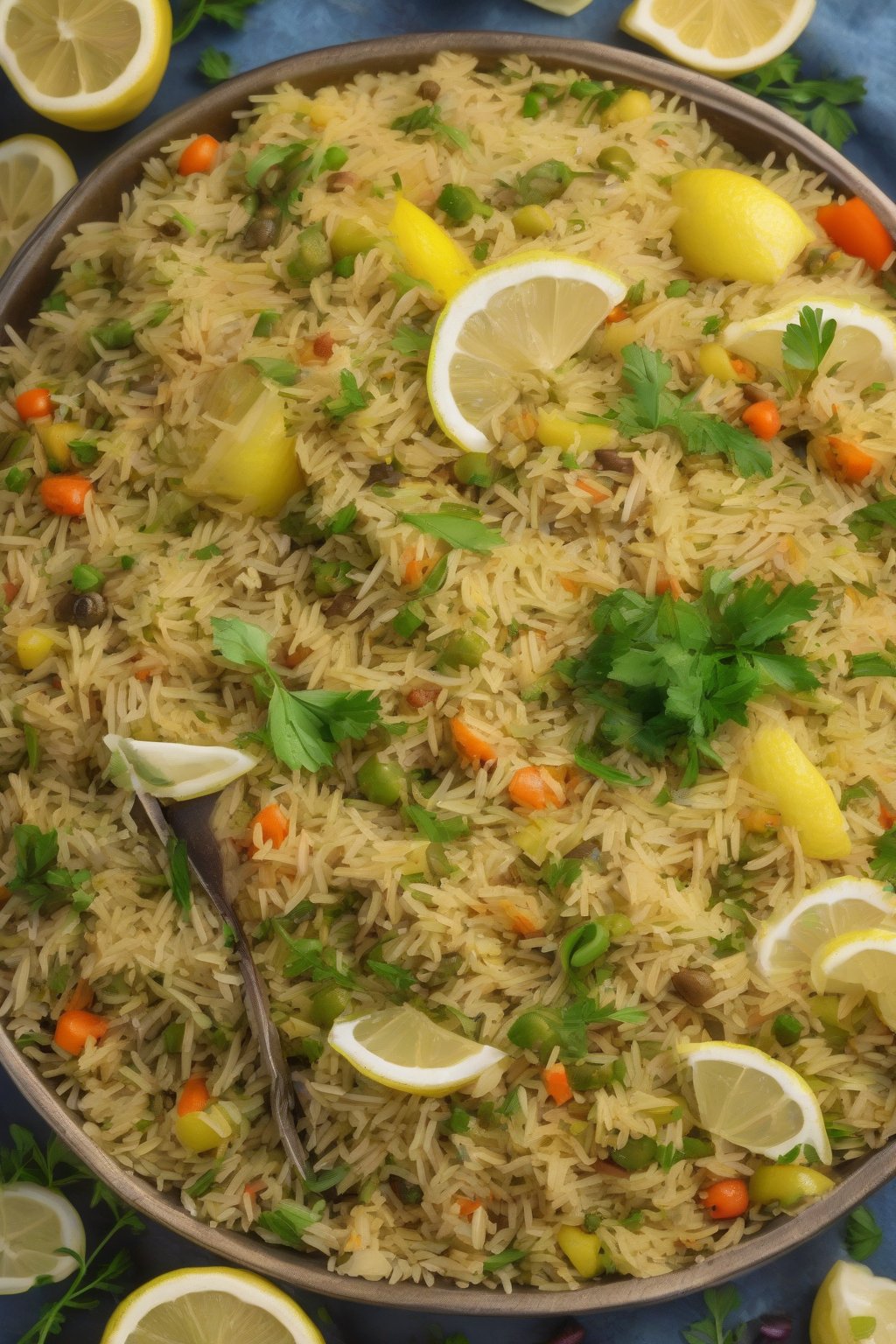 A high-resolution photo of zesty lemon herb mixed veg pulao garnished with lemon wedges under soft lighting.