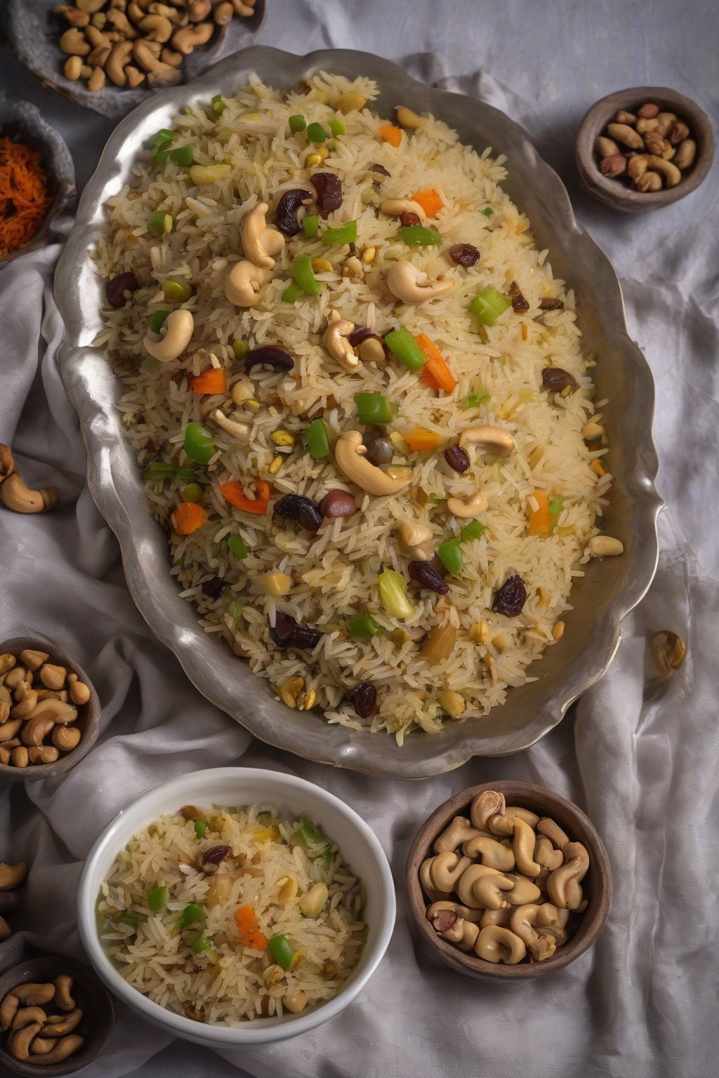 A high-resolution photo of cashew raisin mixed veg pulao with golden nuts under soft lighting.
