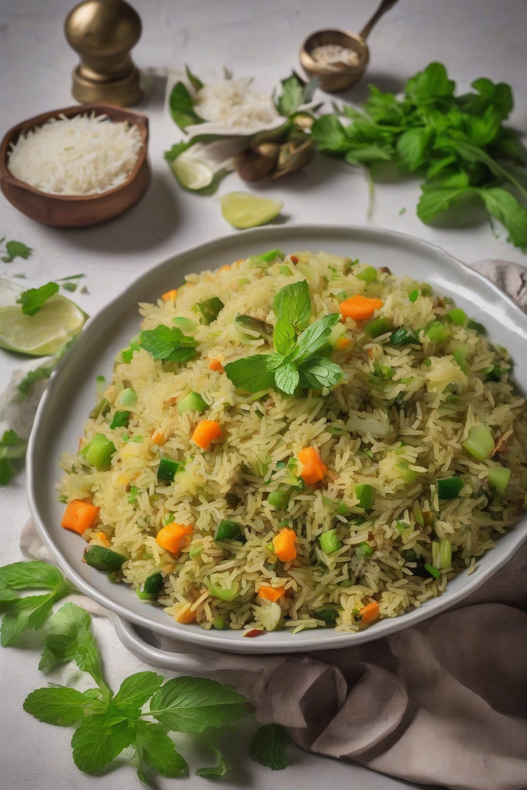 A high-resolution photo of vibrant green minty mixed veg pulao with fresh mint leaves under soft lighting.