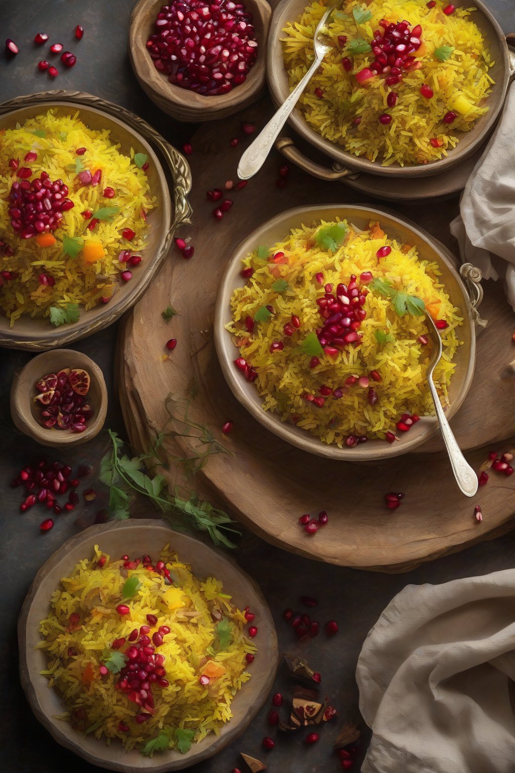 A high-resolution photo of golden saffron mixed veg pulao with pomegranate arils under soft lighting.
