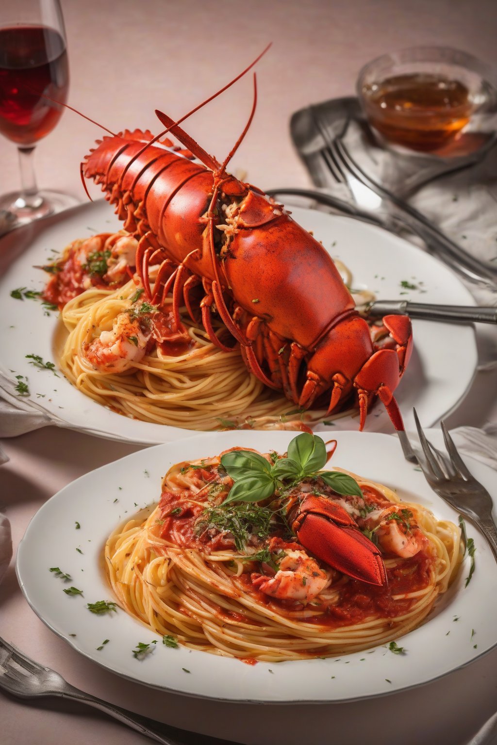 A high-resolution photo of lobster tail fra diavolo over spaghetti, red sauce with herbs, under soft lighting.