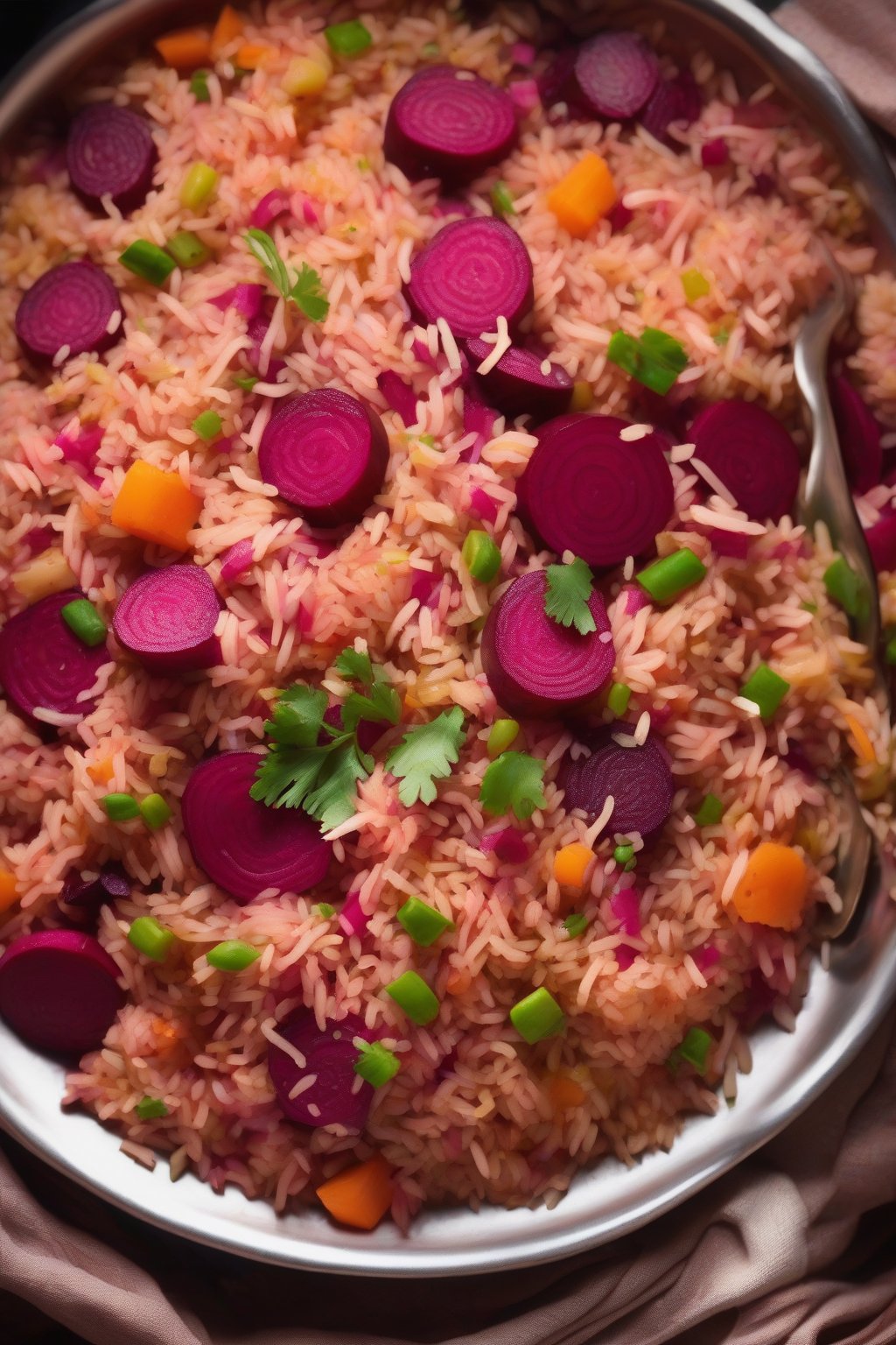 A high-resolution photo of pink beetroot mixed veg pulao steaming invitingly under soft lighting.