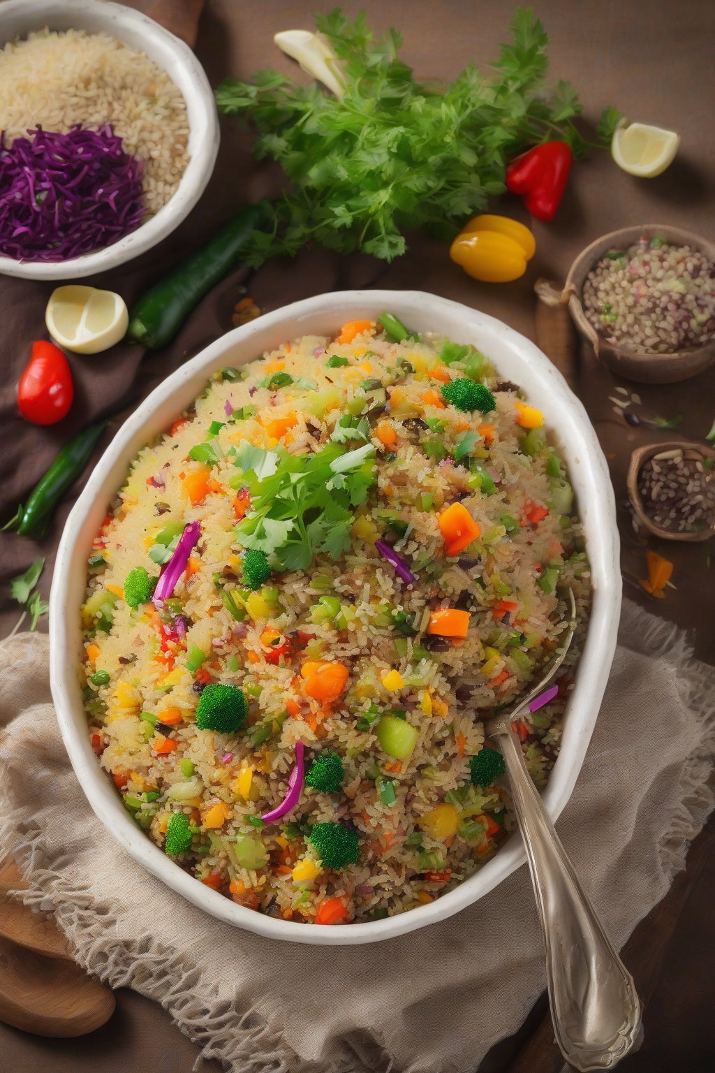 A high-resolution photo of fluffy quinoa mixed veg pulao with colorful veggies under soft lighting.