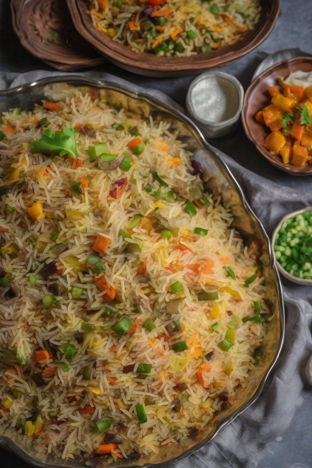 A high-resolution photo of layered Hyderabadi dum mixed veg pulao sliced open under soft lighting.