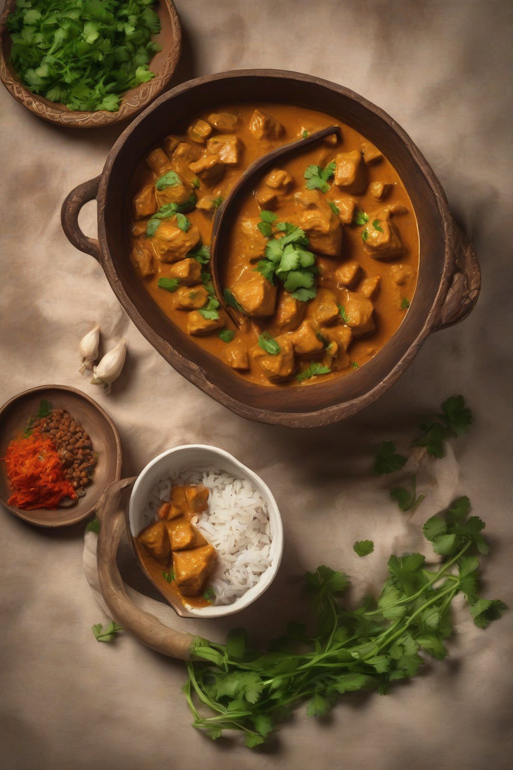 A high-resolution photo of steaming soya chunk masala curry garnished with fresh cilantro in a clay bowl, under soft lighting.