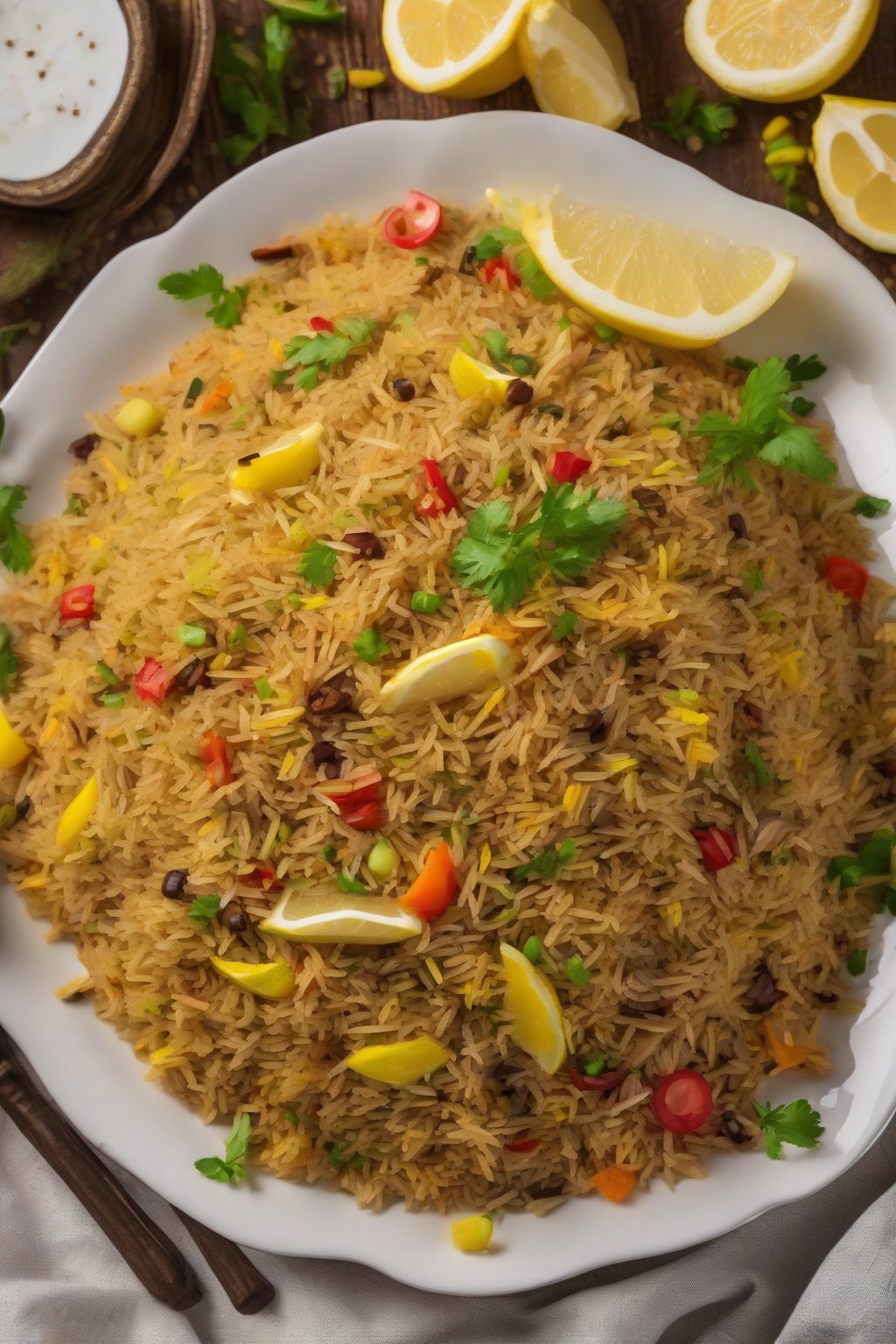 A high-resolution photo of colorful soya pulao piled high in a white plate with lemon wedges, under soft lighting.