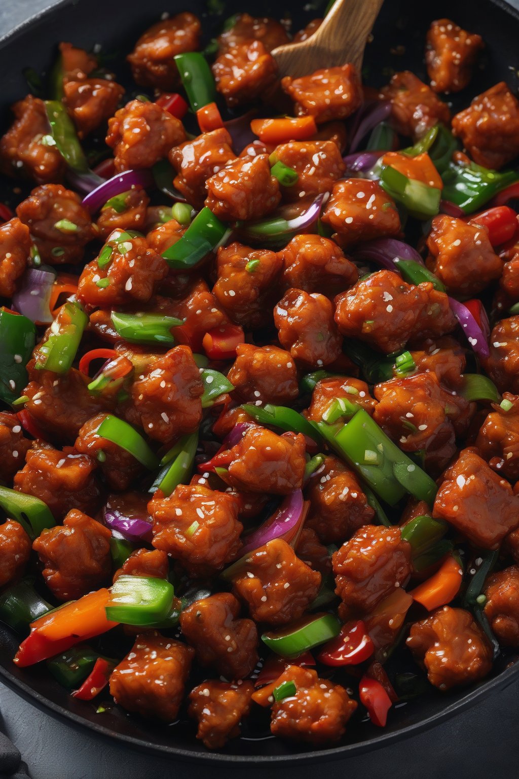 A high-resolution photo of crispy soya manchurian pieces tossed with veggies in a black wok, under soft lighting.