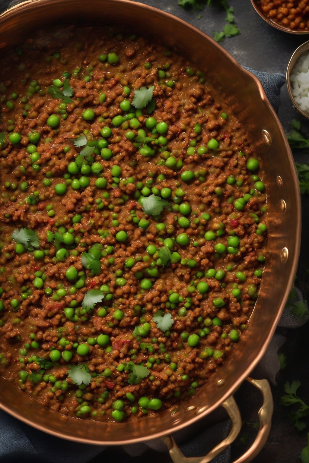 A high-resolution photo of textured soya keema matar in a copper kadai with peas peeking through, under soft lighting.