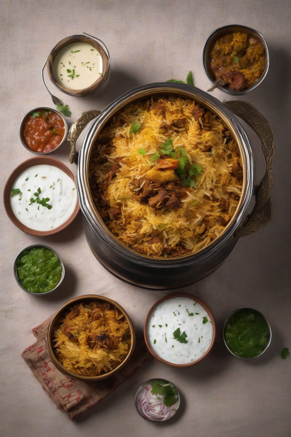 A high-resolution photo of layered soya biryani in a handi pot with raita on the side, under soft lighting.
