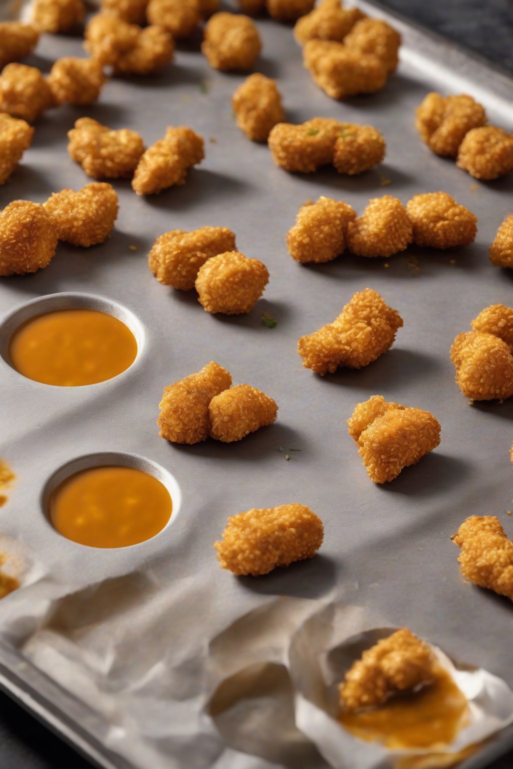 A high-resolution photo of golden baked soya nuggets on a baking tray with dipping sauce, under soft lighting.