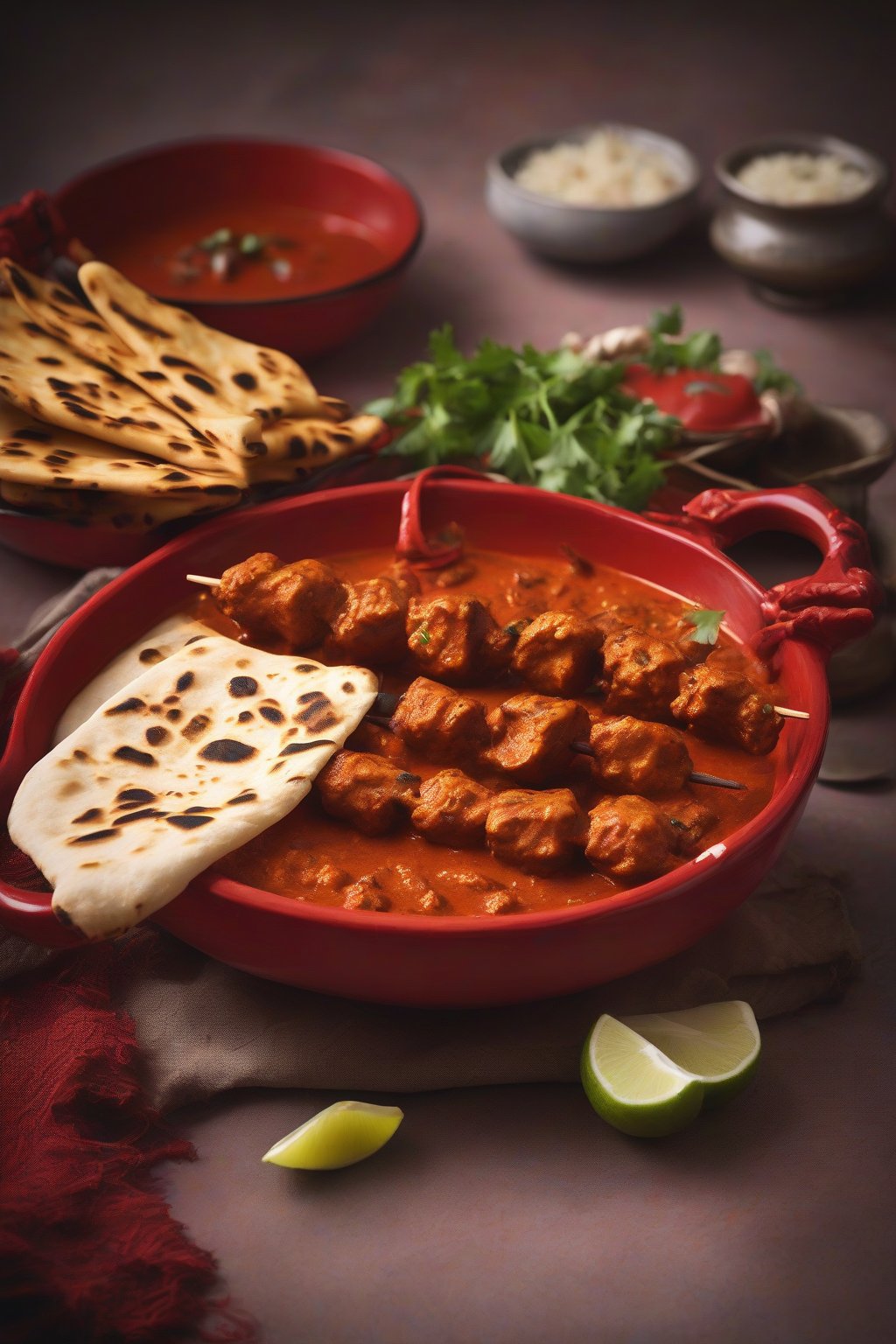 A high-resolution photo of soya tikka masala skewers in a red gravy bowl with naan, under soft lighting.