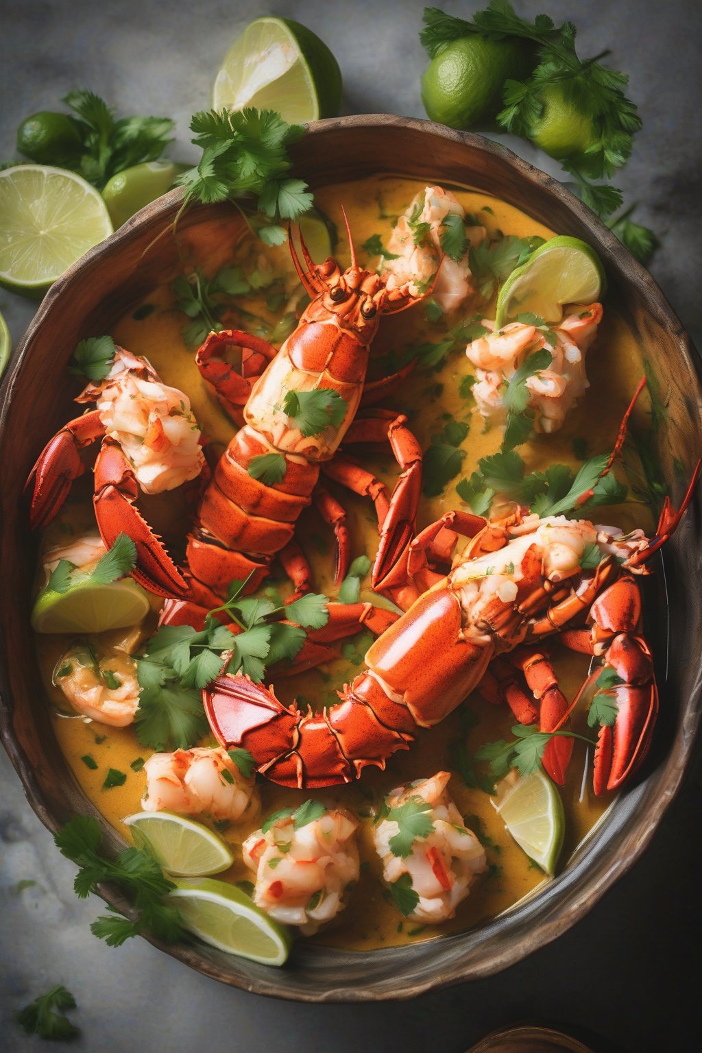 A high-resolution photo of coconut curry lobster tails in a steaming bowl, garnished with lime and cilantro, under soft lighting.