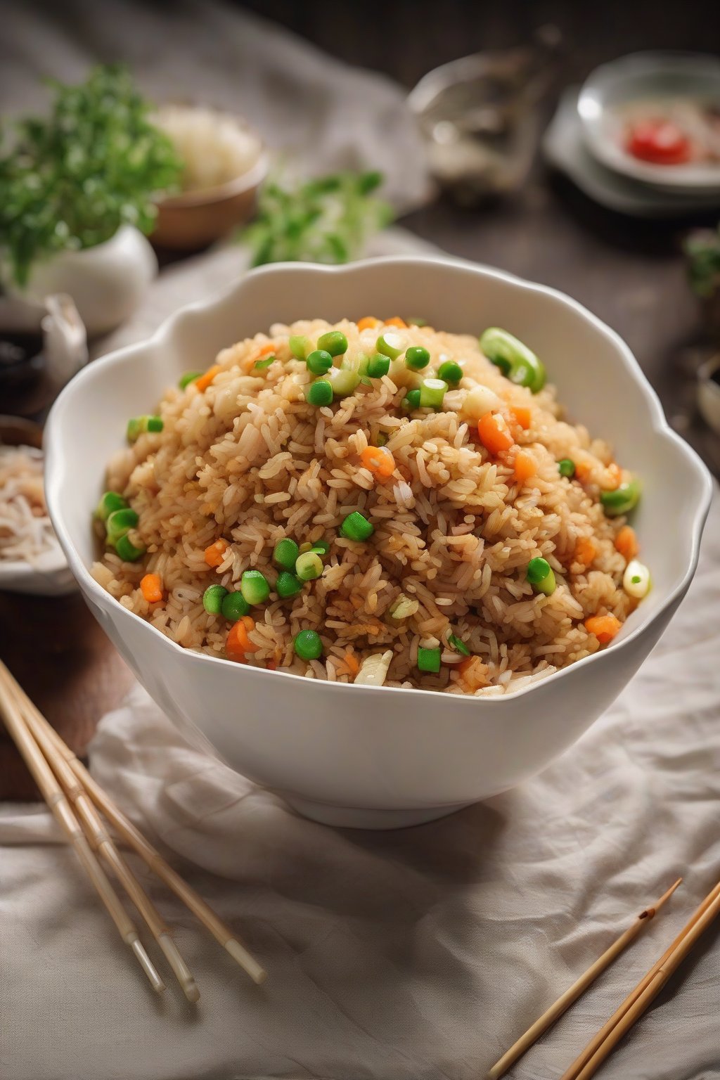 A high-resolution photo of vibrant soya fried rice in a white bowl with chopsticks, under soft lighting.