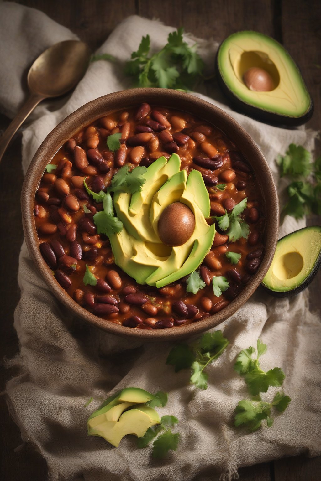 A high-resolution photo of hearty soya chili beans topped with avocado in a rustic bowl, under soft lighting.