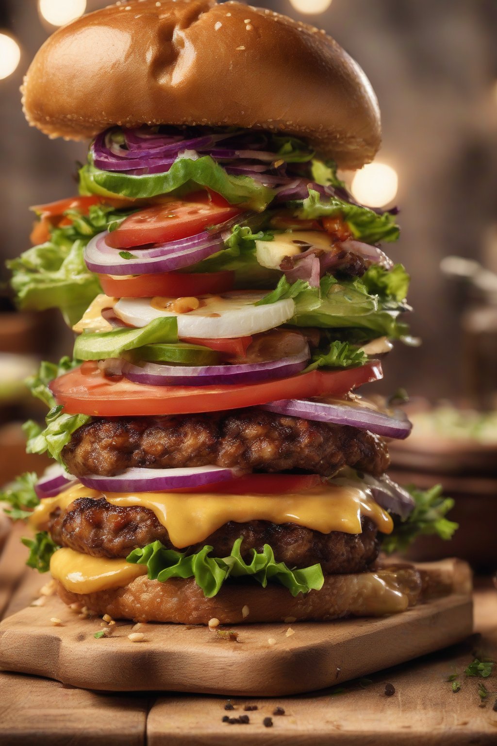 A high-resolution photo of stacked soya burger with fresh toppings on a wooden board, under soft lighting.