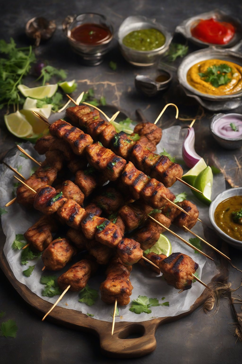 A high-resolution photo of grilled soya seekh kebabs on skewers with chutney, under soft lighting.