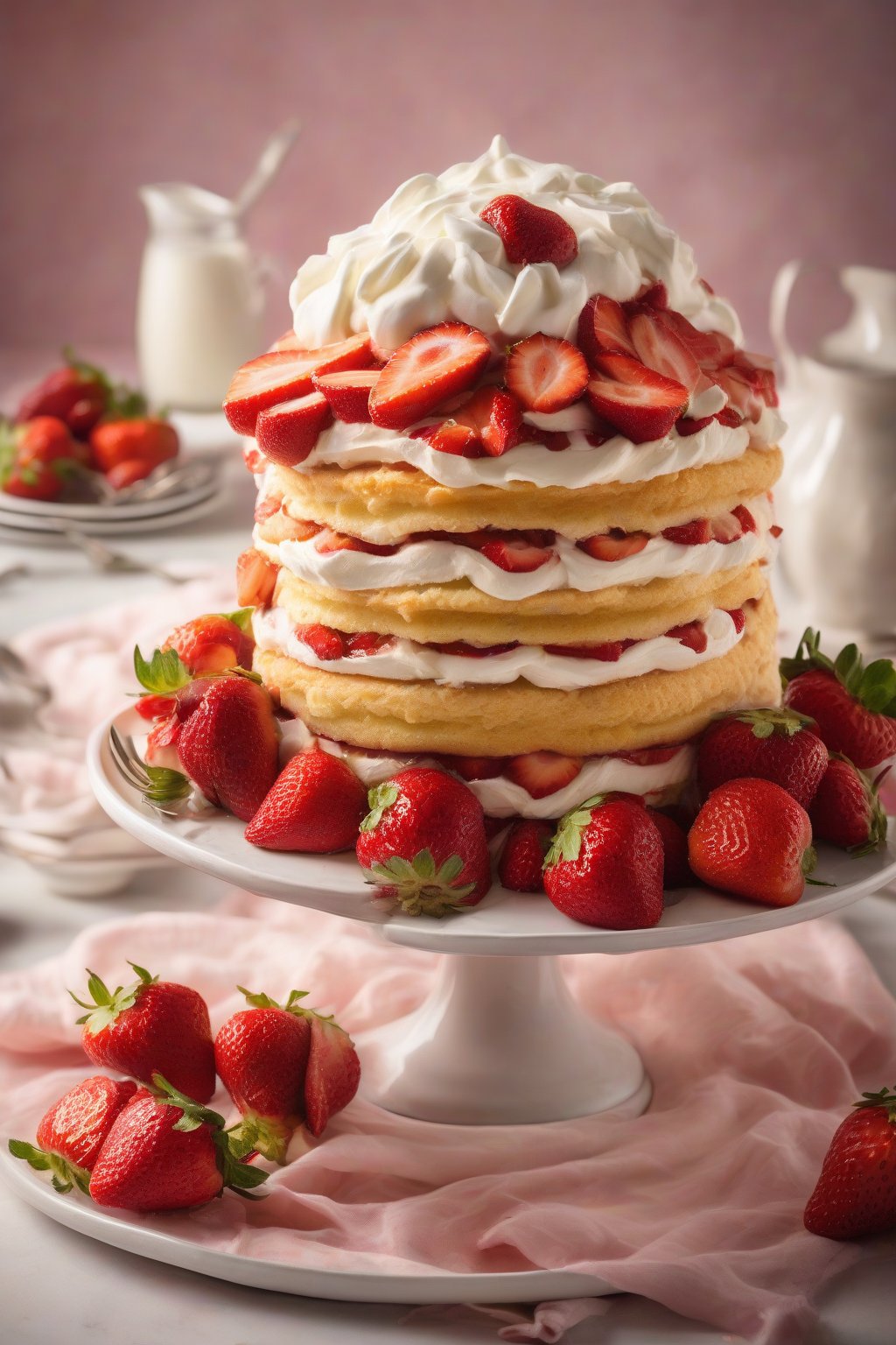 A high-resolution photo of a towering classic layered strawberry shortcake with juicy strawberries cascading down the sides, under soft lighting.
