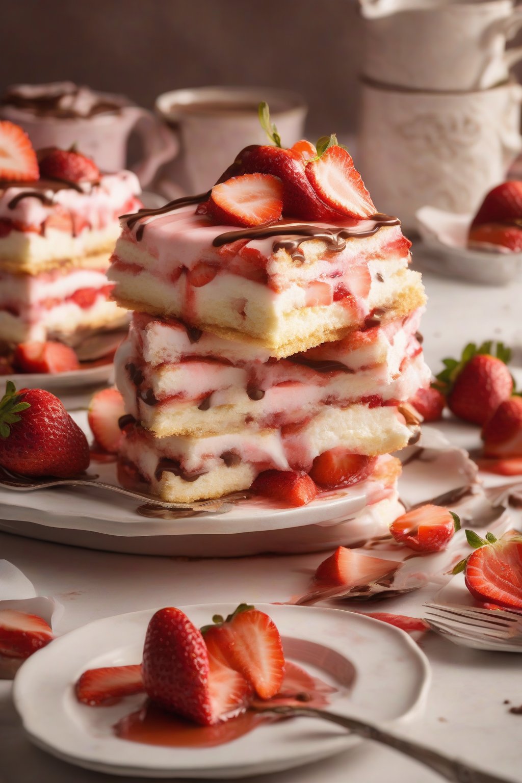 A high-resolution photo of chocolate-drizzled layered strawberry shortcake slices revealing gooey layers, under soft lighting.