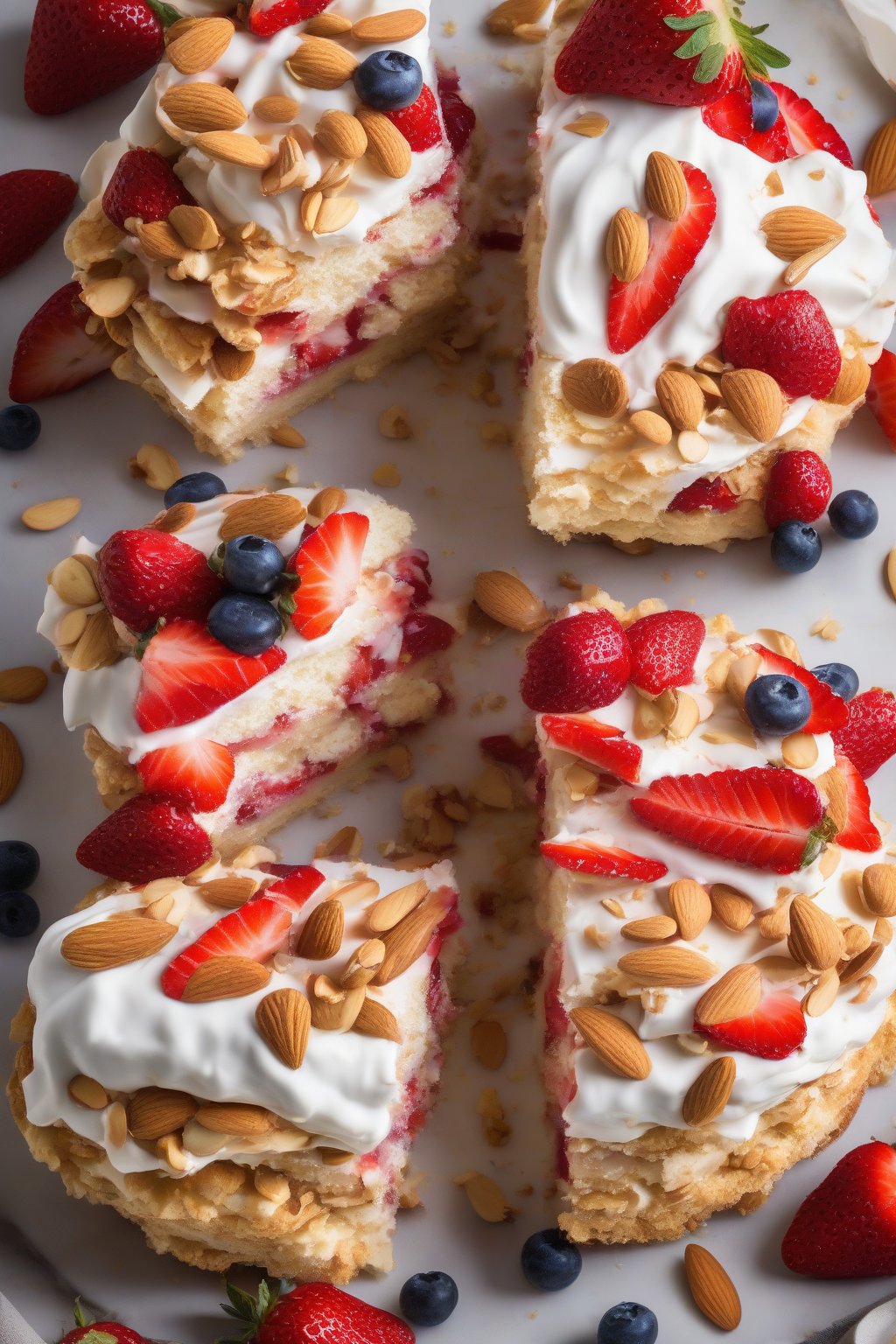 A high-resolution photo of almond crunch layered strawberry shortcake with visible nutty bits and fresh berries, under soft lighting.