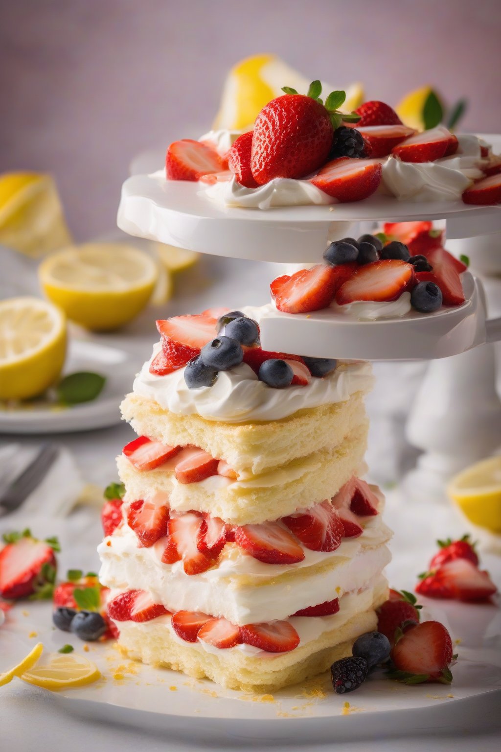 A high-resolution photo of lemon zest layered strawberry shortcake garnished with zest curls and berry slices, under soft lighting.