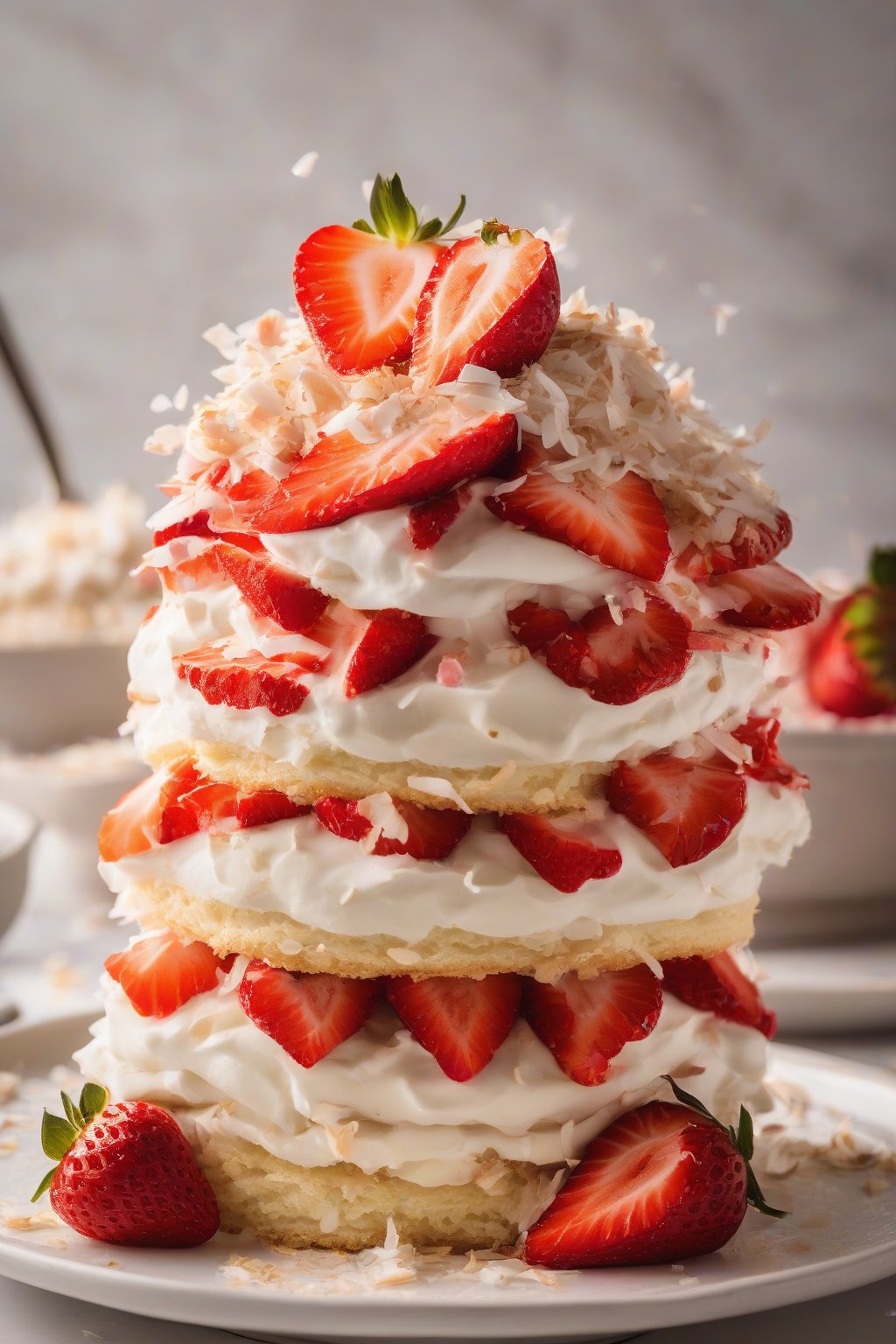 A high-resolution photo of coconut cream layered strawberry shortcake topped with flakes and strawberries, under soft lighting.