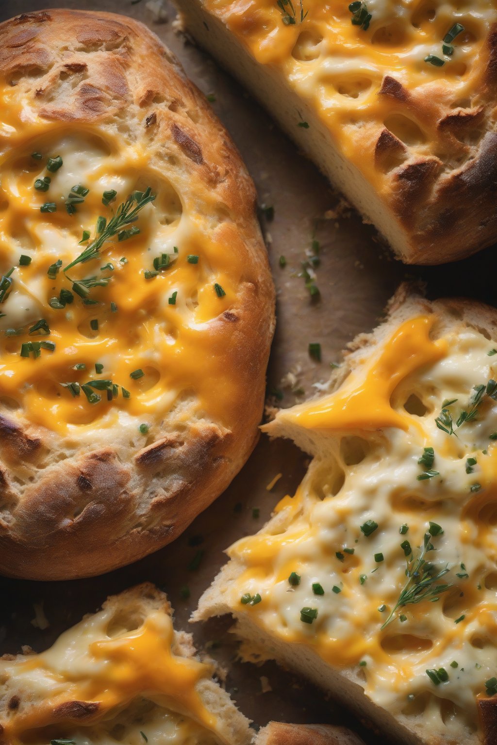 A high-resolution photo of cheddar and chive sourdough with melted orange cheese oozing from cracks in the crust, under soft lighting.